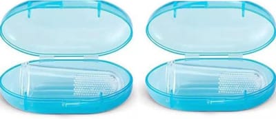 2 X Baby tandenborstel - Doorkomende tandjes - Tandvlees massage - Vinger tandenborstel - Baby & peuter, silicone, vingertandenborstel baby - Blauw - NLStuff4u