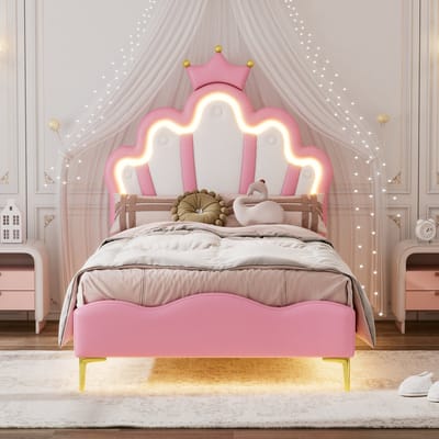 Gestoffeerd prinsessenbed met kroon en LED - Kinderslaapkamer 90x200 cm - Roze - Kroonvormig hoofdeinde met parels - Verstelbare LED-verlichting met app - In hoogte verstelbaar frame - Waterdicht PU-leer