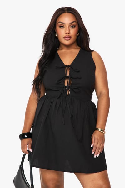 boohoo Dames Plus linnen jurk met band aan de voorkant | Zwart | Maat: 48