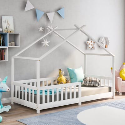 OKWISH Kinderbed 90x200cm - Huisbed - Met Dreieckig Dach en Zaun - Grenen - Wit