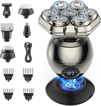 iWarmbase Scheerapparaat voor heren, 7D elektrisch scheerapparaat voor heren, 6-in-1, tondeuse, kaal scheerapparaat, magnetisch, afneembaar, nat/droog, waterdicht IPX7, voor kale mannen, met