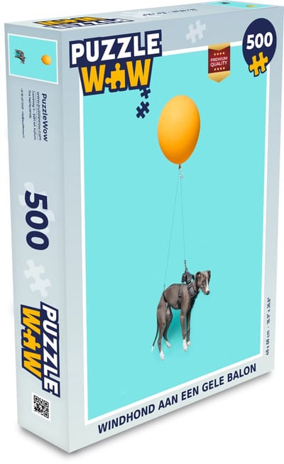 Puzzel Windhond aan een gele balon - Legpuzzel - Puzzel 500 stukjes