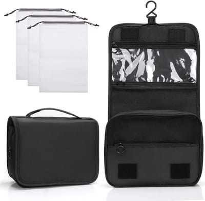 Famanu - Hangende Reistoilettas Opvouwbare Toilettas voor Vrouwen & Mannen Make-up Tas met Draaggreep en Haak,Meerdere Compartimenten,Geschikt voor korte trips, uitstapjes (Zwart+Gebroken Wit)