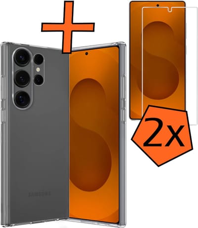Hoes - Met 2x Screenprotector - Geschikt voor Samsung Galaxy S25 Ultra - Sterk & Shockproof - Back Cover - Siliconen Case - Telefoon Hoes - Transparant