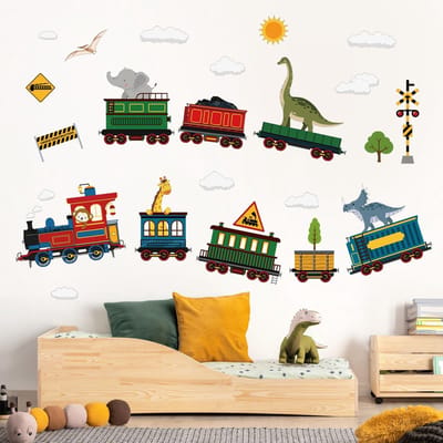 Dailygoody - Dieren Trein Muurstickers - Dinosaurus Olifant Giraffe - Muur Decor - Kinderslaapkamer - Speelkamer Decoratie - Geschikt voor Binnen