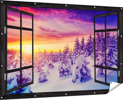 Gards Tuinposter Doorkijk Zonsondergang in het Sneeuw Bos - 180x120 cm - Tuindoek - Tuindecoratie - Wanddecoratie buiten - Tuinschilderij