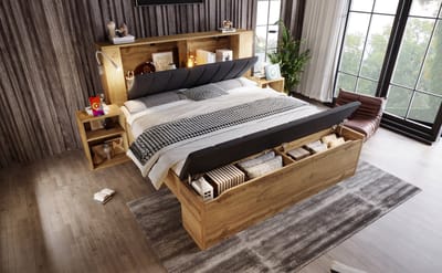 REDOM Tweepersoonsbedframe – 160x200 cm – Met opklapbaar hoofdbord & leeslampen met USB – 2 nachtkastjes & opbergbank – Houtlook Eiken