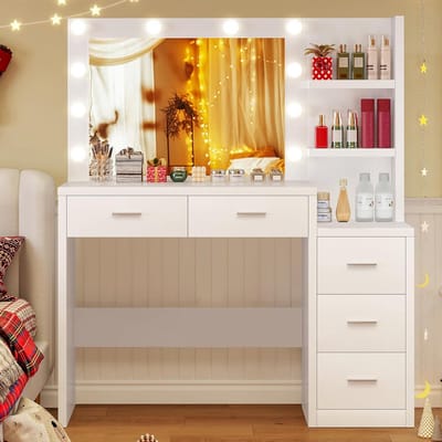 Kaptafel met Groot Spiegel en LED Verlichting - Make-up Tafel met Veel Opbergruimte en 5 Laden