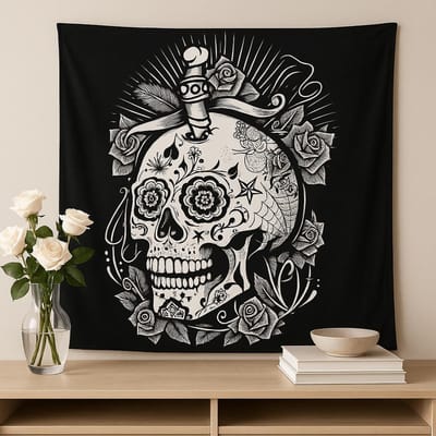 Zwart-wit katoenen sprei + wandkleed - Rozenschedel
