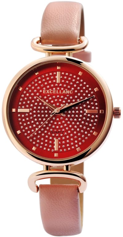 Excellanc-dameshorloge-model 1900235-005-rosekleurig-rode wijzerplaat-zalmroze band-3 atm waterdicht diameter 32 mm