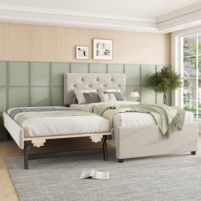 Sweiko Gestoffeerd bed 90x200 cm, met onderschuifbed, fluweel, zonder matras, beige