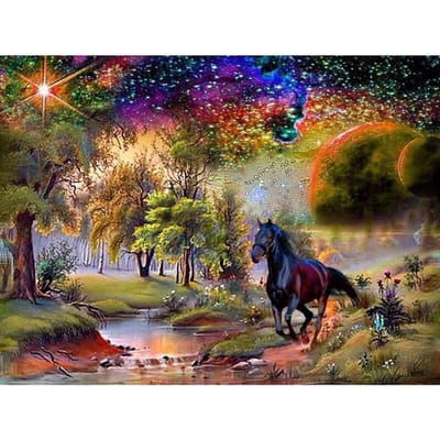 Broderie diamant cheval au galop et ciel étoilé, peinture diamant, point de croix, strass, décoration d'intérieur 20X30CM beige