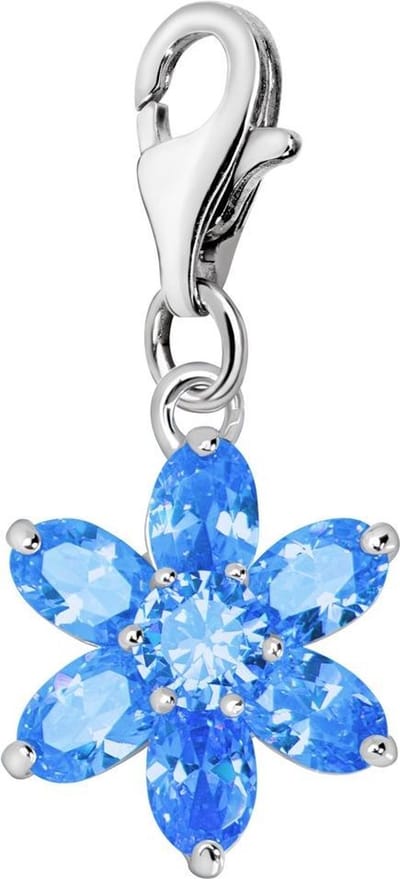Quiges – 925 - Zilver – Charm - Bedel - Hanger - Kristal Zirkonia Bloem Pastel Blauw - met – sterling - zilver - karabijnslot - geschikt - voor - Bedelarmband HC262