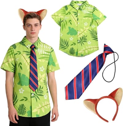 Leuke Hawaiian Shirt met Fox Oren en Gestreepte Stropdas voor Volwassenen - Perfect voor Halloween, Kerst en Carnaval