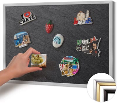 Wallfluent - Zwart Magneetbord met Ontwerpen - 60 cm x 40 cm - Magneetbord met Zilveren Frame - Stenen muurtextuur - Magneetbord Voor Thuiskantoor - Magneetbord voor Herinneringen - Magnetisch Bord voor Thuis en Kantoor