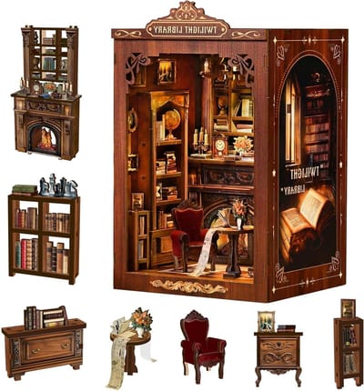 Miniatuur Huis - Boekenhoek Model - Hobby Bouwen - Gedetailleerd Interieur - 15 x 8 x 18 cm - Houtkleurig