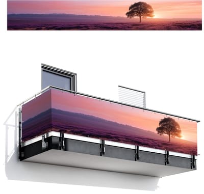 Balkonscherm 500x75 cm - Balkonposter Boom - Heide - Zonsopgang - Balkon scherm decoratie - Balkonschermen - Balkondoek zonnescherm