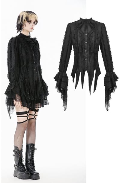 Dark in Love - Tattered Silhouette with BurntEdge Lace Blouse - XL - Zwart
