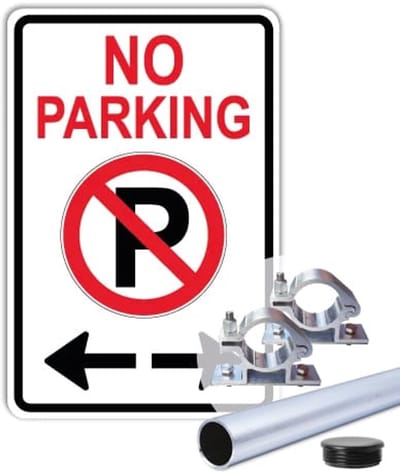 Bord No parking met pijlen - Weerbestendig Aluminium - 30x45 cm - Bevestiging: Met paal 150 cm + paalbeugels + paaldop