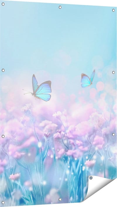 Gards Tuinposter Twee Blauwe Vlinders bij Roze Bloemen - 80x120 cm - Tuindoek - Tuindecoratie - Wanddecoratie buiten - Tuinschilderij