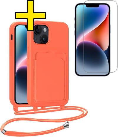 Hoesje Geschikt voor iPhone 13 Telefoonhoesje Met Koord Case Pashouder Met Screenprotector Siliconen - Hoes Geschikt voor iPhone 13 Hoesje Met Kaarthouder - Papaya