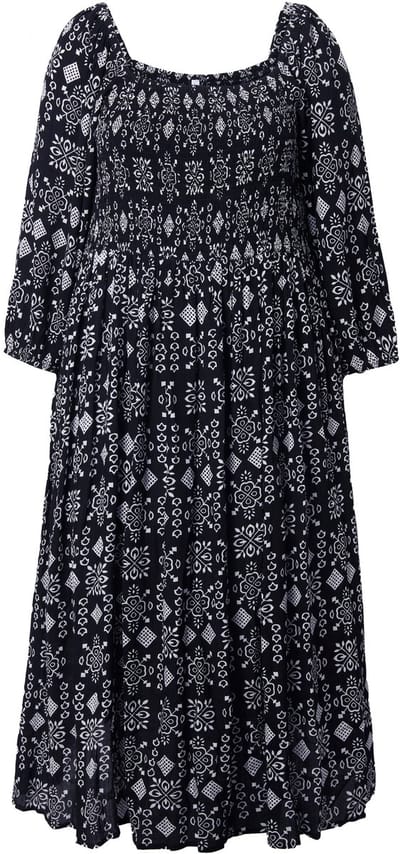 Ulla Popken - Dames - Maxi-jurk A-lijn carréhals 3/4-mouwen - Zwart - Maat 50+