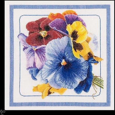Thea Gouverneur - Borduurpakket met telpatroon - 435A - Voorgesorteerde DMC Garens - Viooltjes - Aida - 34 cm x 34 cm - DIY Kit
