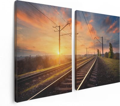 Artaza Canvas Schilderij Tweeluik Rails Spoorweg Bij Zonsondergang - 120x80 - Foto Op Canvas - Canvas Print