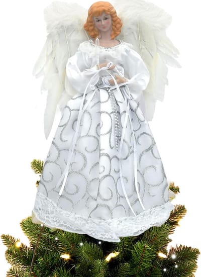 Kerstboomtopper in de vorm van een engel, decoratieve figuur met veren vleugels, 32 cm hoog, ideale kerstversiering voor binnen