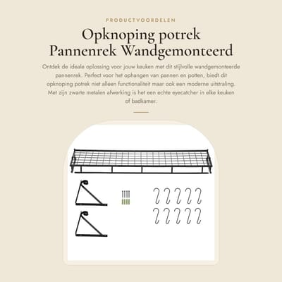Dailygoods- Pannenrek met 10 haken - Wandgemonteerd - Metalen hangrek - Keukenopbergrek - Ruimtebesparend - Schokbestendig en roestvrij staal - Keukenrek