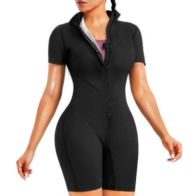 Sport Zweet Romper Compressie Rits Sluiting Opstaande Kraag Sauna Pak Korte Mouwen Calorie Verbranding Workout Zweetpak Hoge Elas S zwart