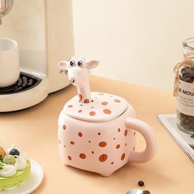 Tasse en Céramique Créative Tasse à Eau Girafe Dessin Animé Style In Tasse Ménagère avec Couvercle Grande Capacité Tasse à Café 380ML