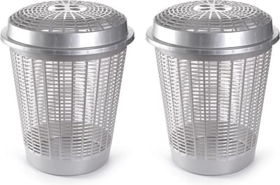 Plasticforte Wasmand met deksel - 2x stuks - 50 liter - zilverkleurig - rond - D45 x H57 cm - opbergmand