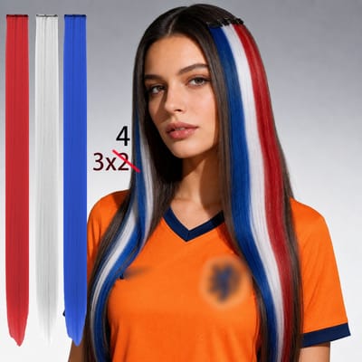 12 stuks rood wit blauwe haarextensies dames meisjes Nederlandse vlag synthetische haarpruik Nederlandse vlag haarstukjes kijkwedstrijd en feestaccessoire voor WK voetbal geschikt voor allerlei sportwedstrijden en feesten