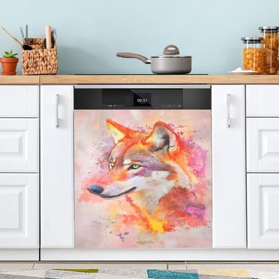 Vaatwasser Magneet Cover - Keuken Decoratie - Keuken Opfleuren - Universele Pasvorm - 23x26 Inch - Oranje Rode Wolf