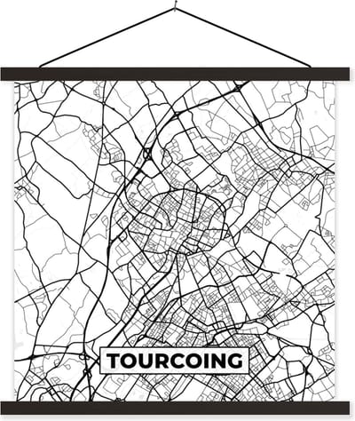 Posterhanger incl. Poster 60x60 cm - Schoolplaat - Stadskaart - Tourcoing - Plattegrond - Kaart - Frankrijk - Zwart wit - Textielposter - Zwarte latten - Stadskaart