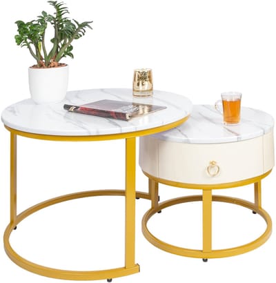 Casamoda Salontafel set van 2 - ø 70/50 cm - Hoogte 36/43 cm - Bijzettafel Rond - Salon tafel Industrieel - Tafelblad Hout - Goud/Wit Marmer