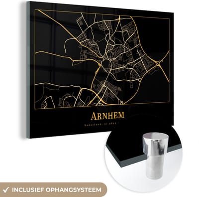 MuchoWow® Glasschilderij 60x40 cm - Schilderij acrylglas - Kaart - Arnhem - Zwart - Goud - Foto op glas - Schilderijen
