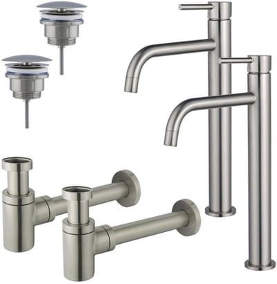 FugaFlow Eccelente Sobrado Badkamer Slim Wastafelkraanset - voor dubbele wastafel - verhoogde wastafelkraan - always open plug - verlaagde design sifon - PVD Geborsteld RVS