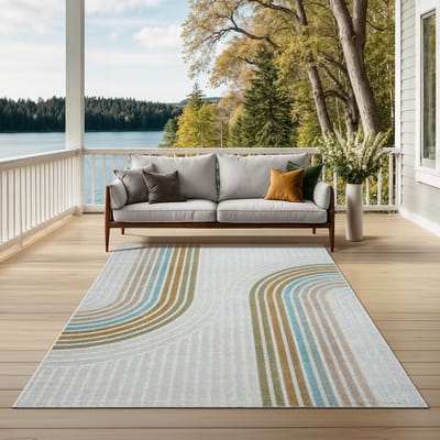 the carpet Porto – Modern outdoor tapijt met retro lijnpatroon, beige multicolor 120 x 160 cm