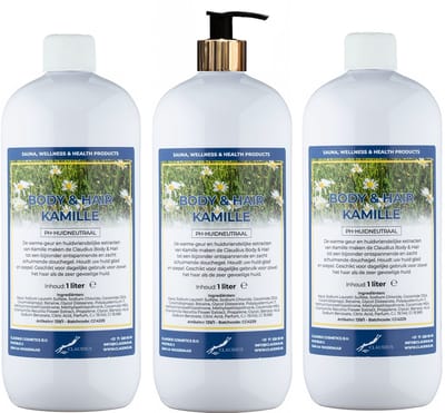 Body & Hair Kamille 1 liter met gouden pomp - set van 3 stuks - 2 in 1 voor lichaam en haar - voordeelverpakking