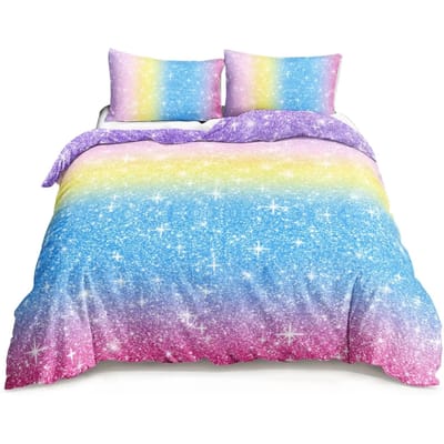 Kawaii Maan Sterrenhemel Dekbedovertrek Set Blauw Roze Paars Sterrenstelsel Beddengoed Sets Volledige Maat Voor Jongens Meisjes Dekbedhoes EU single(135x200cm)
