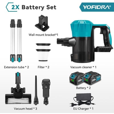 YOFIDRA Borstelloze 1800W Stofzuiger 30KPa 1.5L Draagbaar Krachtige Zuigkracht Huishoudelijke Schoonmaakgereedschap Voor Makita 18V Batterij Pin 2xBattety-EU Plug