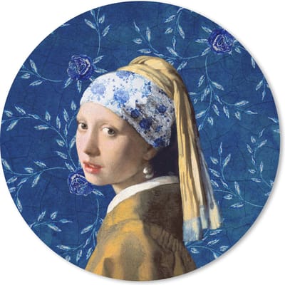 Muismat rond 20x20 cm - Mousepad Meisje met de parel - Delfts blauw - Vermeer - Bloemen - Schilderij - Oude meesters - Ronde muismatten