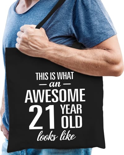 Awesome 21 year / geweldig 21 jaar cadeau tas zwart voor heren - kado tas / verjaardag tasje / shopper