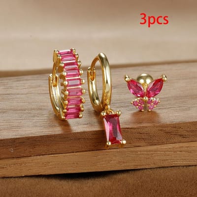 Ensemble de 3 Paires Boucles d'Oreilles Créoles Carrées en Cristal Couleur Or pour Femmes Pendentif Papillon Clou d'Oreille Cartilage Tragus Helix Bijoux de Mode brown