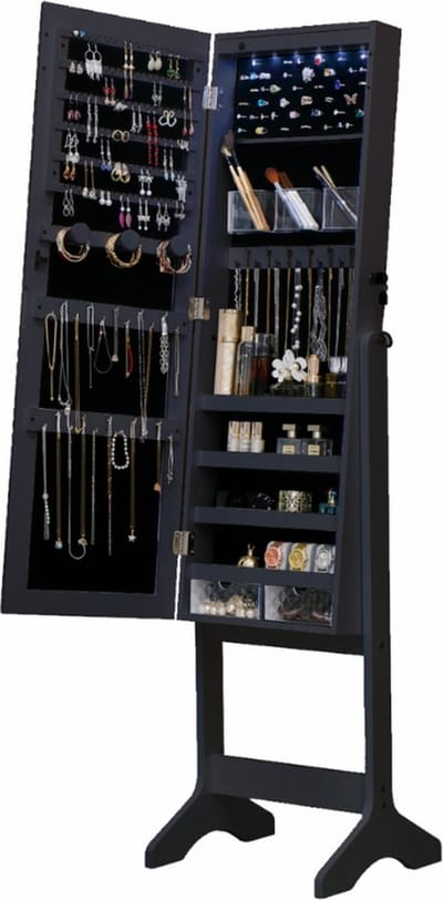 Buxibo Sieradenkast op Poten - Met Spiegel - Passpiegel - Wandspiegel Kast - Sieraden Organizer -155x41x37cm - Zwart