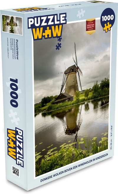 Puzzel Donkere wolken boven een windmolen in Kinderdijk - Legpuzzel - Puzzel 1000 stukjes volwassenen