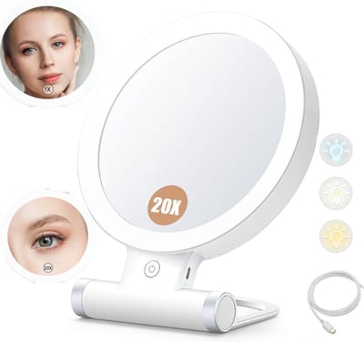 Vergrootspiegel met licht,20X/1X dubbelzijdig tafelblad draagbare verlichte make-up schoonheidsspiegel, 3 kleuren verlichting, dimbaar aanraakscherm