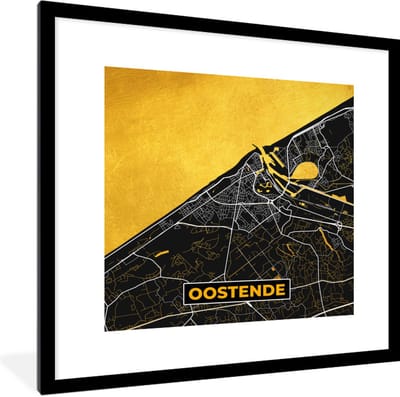 Fotolijst incl. Poster - Kaart - Oostende - Plattegrond - Stadskaart - Goud - 40x40 cm - Posterlijst